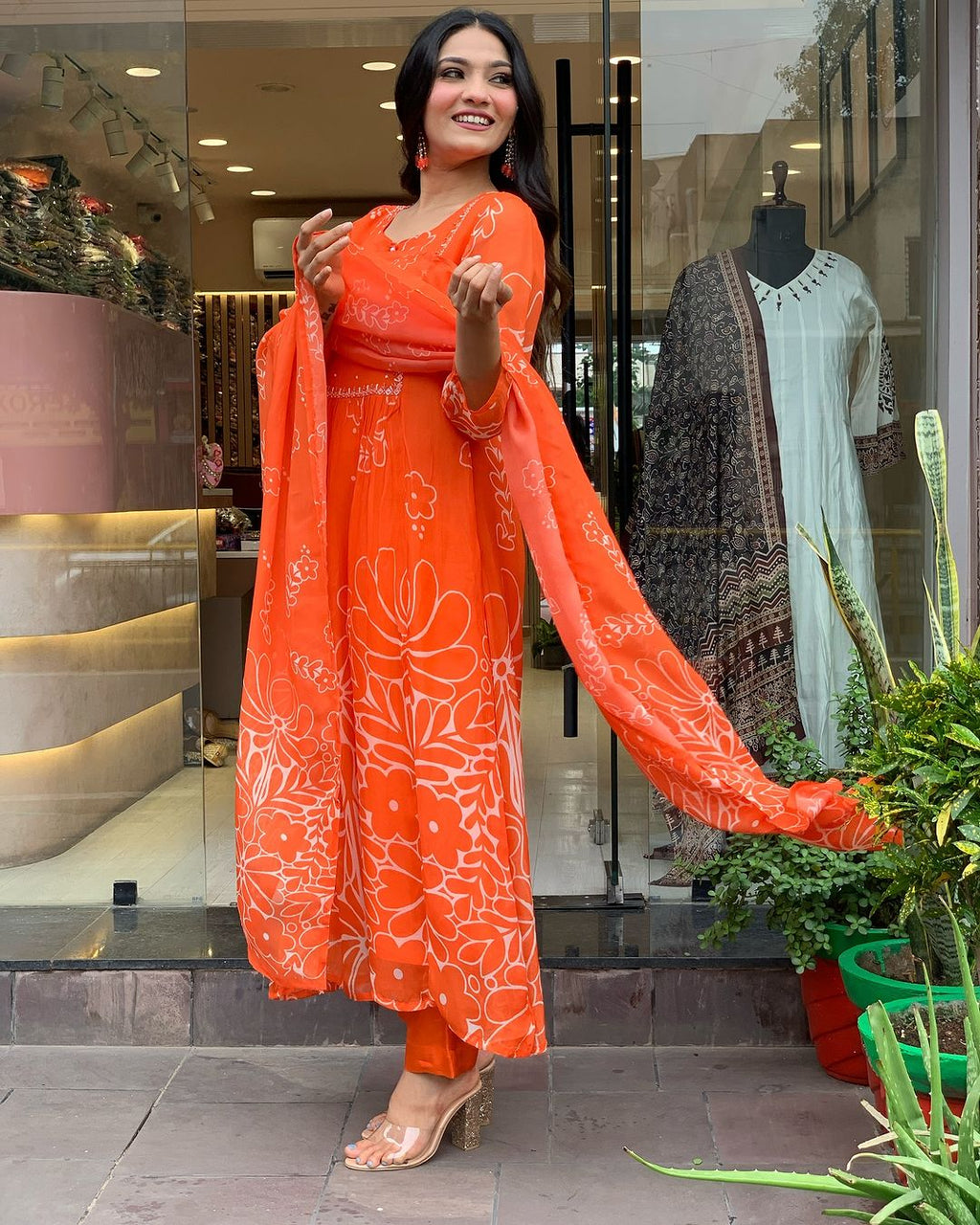 Women’s Bright Orange Floral Printed Anarkali Kurta Set with Dupatta