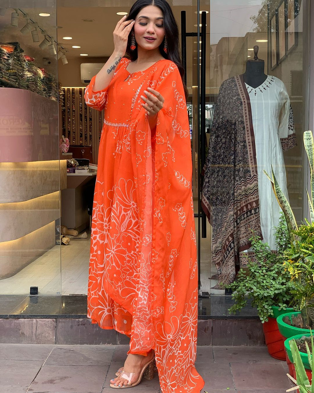 Women’s Bright Orange Floral Printed Anarkali Kurta Set with Dupatta