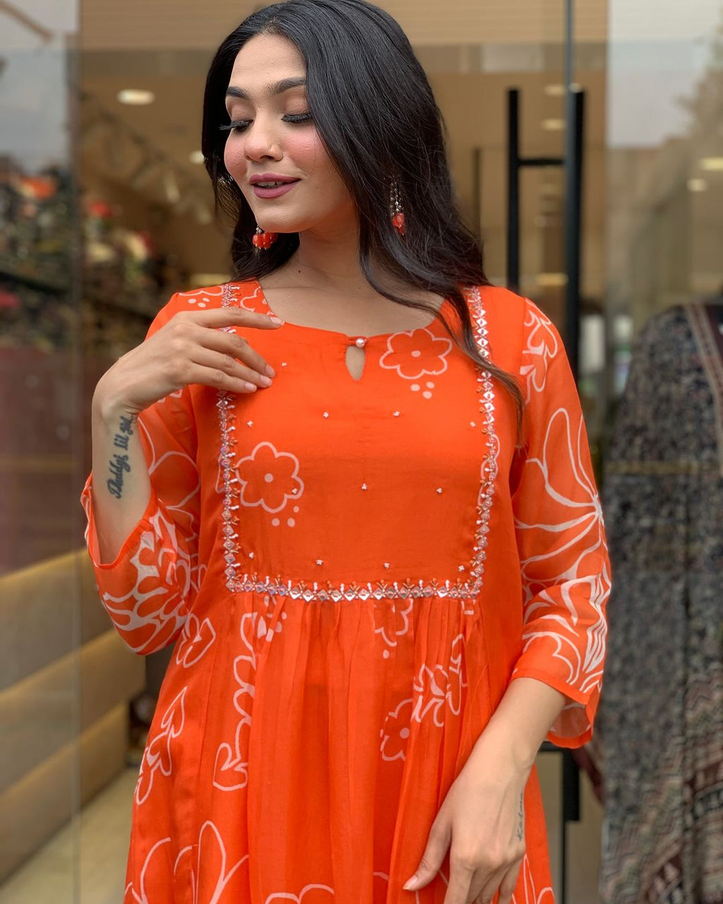 Women’s Bright Orange Floral Printed Anarkali Kurta Set with Dupatta