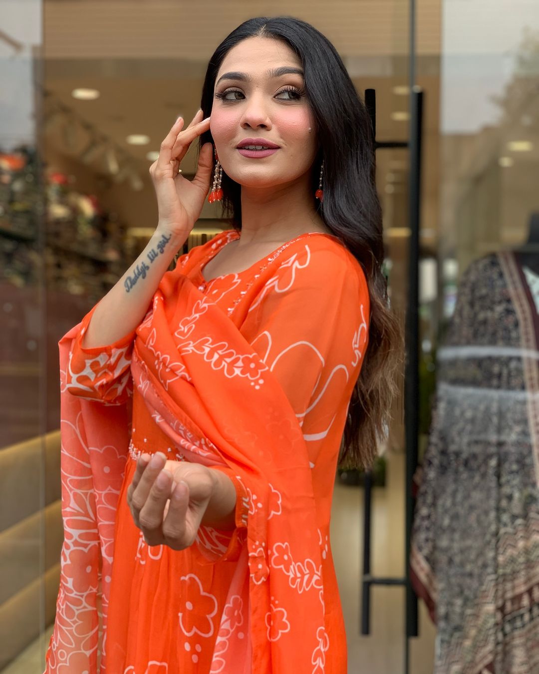 Women’s Bright Orange Floral Printed Anarkali Kurta Set with Dupatta