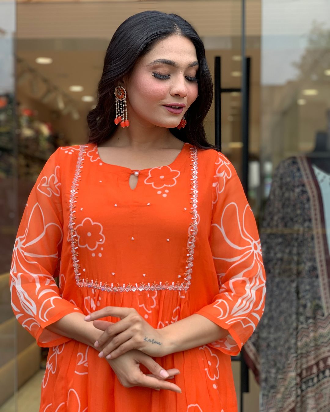 Women’s Bright Orange Floral Printed Anarkali Kurta Set with Dupatta