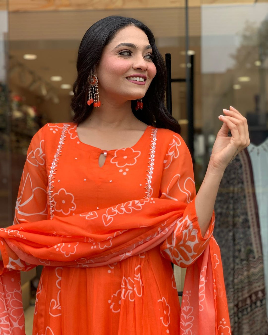 Women’s Bright Orange Floral Printed Anarkali Kurta Set with Dupatta
