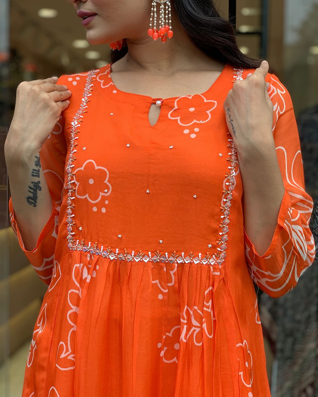 Women’s Bright Orange Floral Printed Anarkali Kurta Set with Dupatta