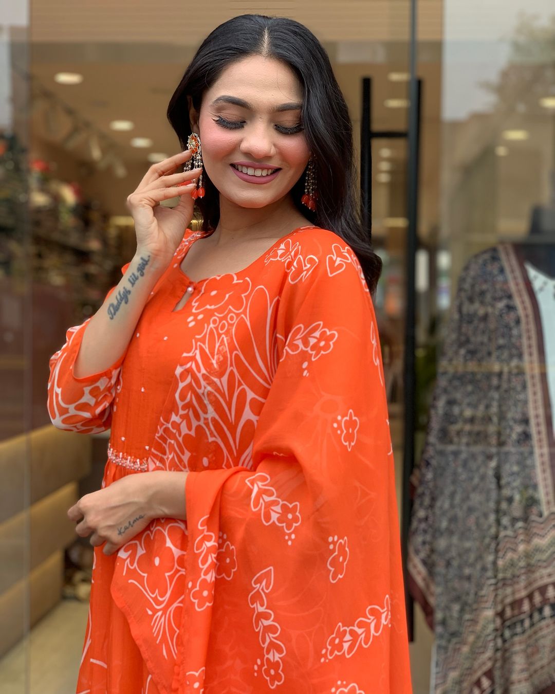 Women’s Bright Orange Floral Printed Anarkali Kurta Set with Dupatta