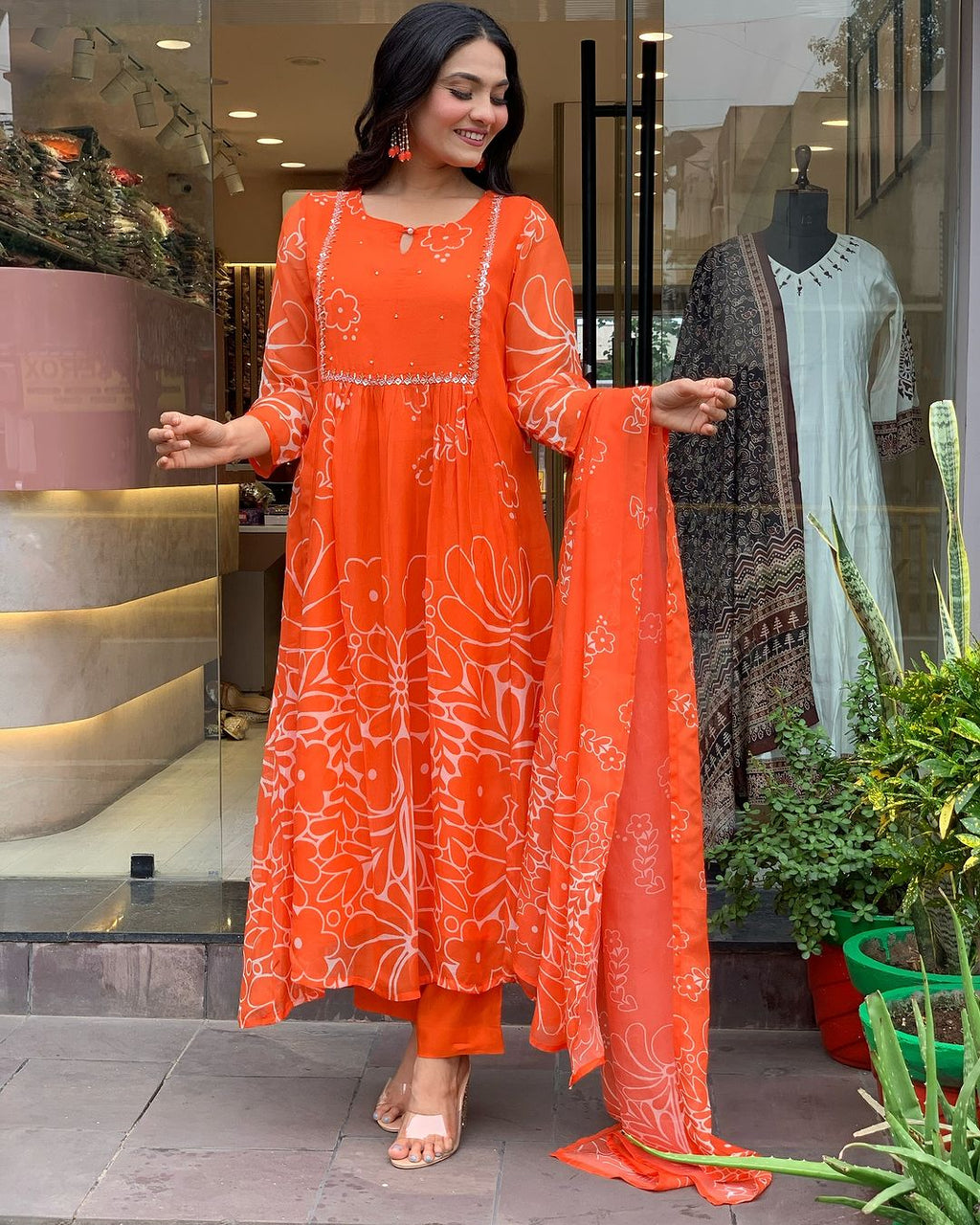 Women’s Bright Orange Floral Printed Anarkali Kurta Set with Dupatta