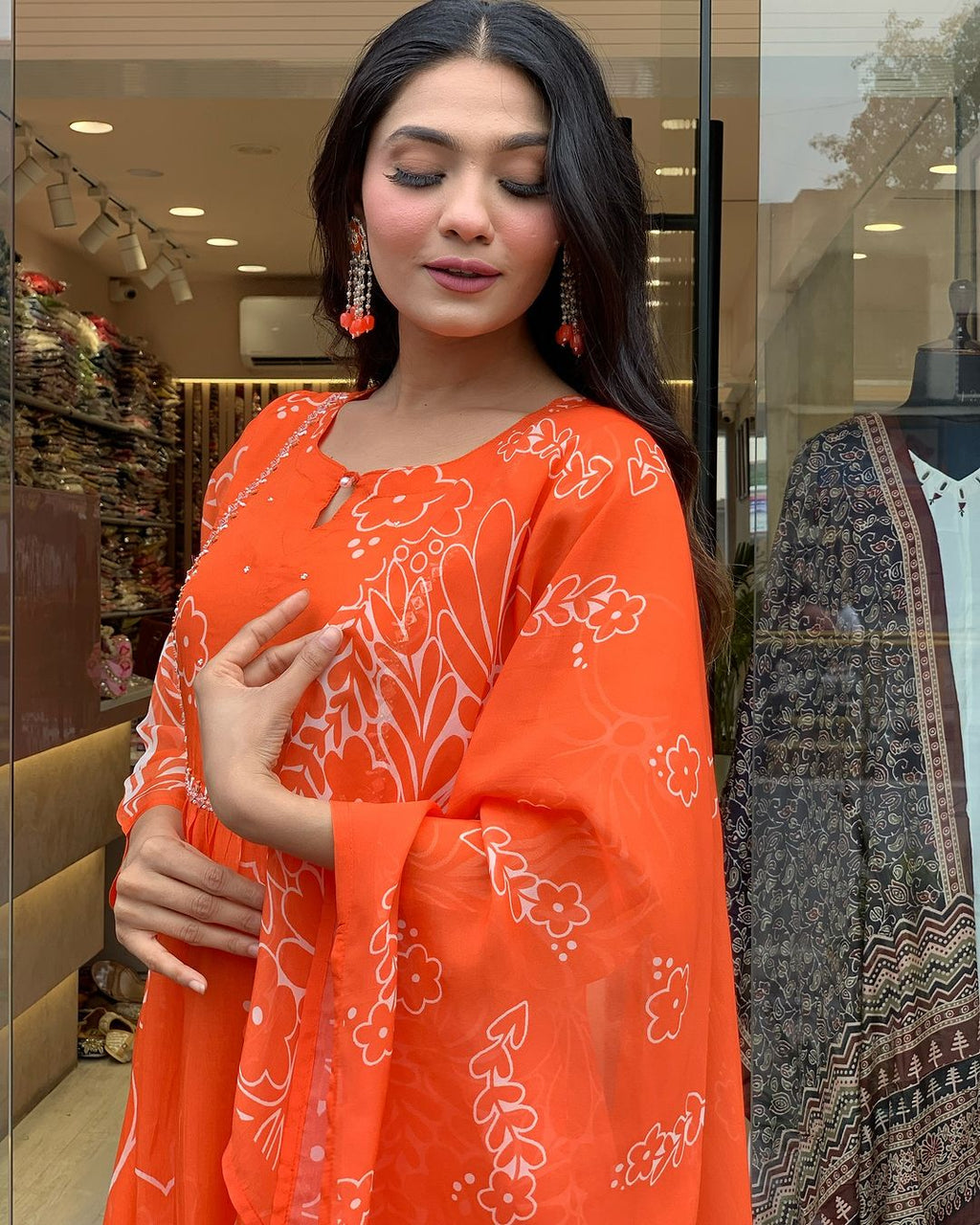 Women’s Bright Orange Floral Printed Anarkali Kurta Set with Dupatta