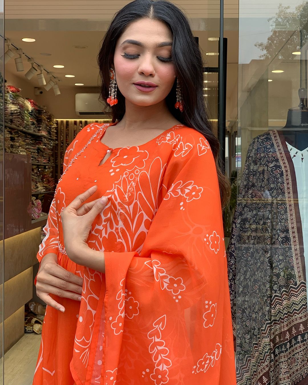 Women’s Bright Orange Floral Printed Anarkali Kurta Set with Dupatta