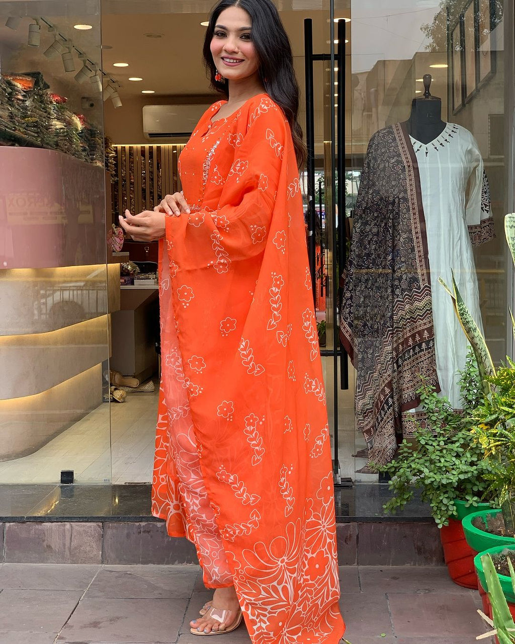 Women’s Bright Orange Floral Printed Anarkali Kurta Set with Dupatta