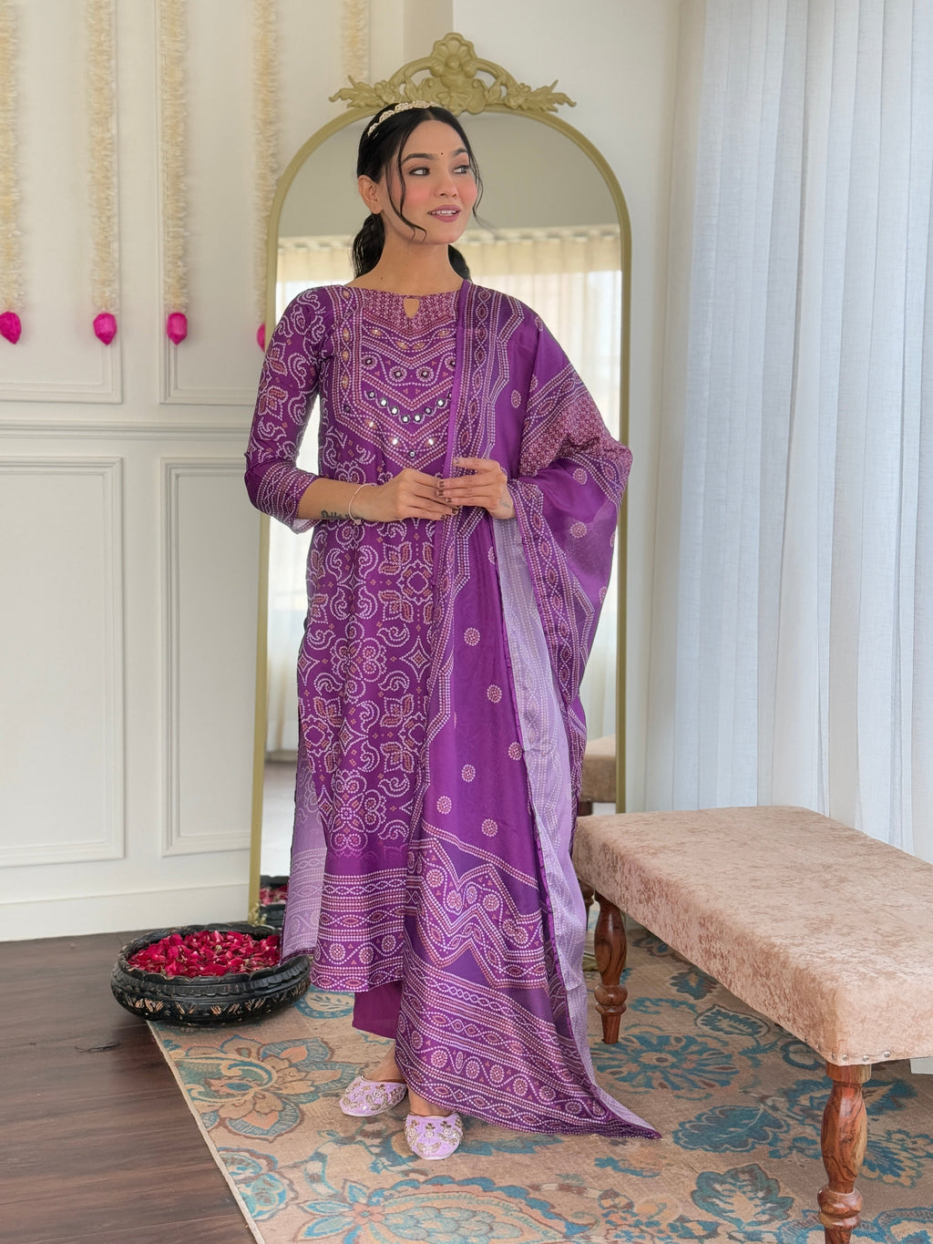 Royal Purple Bandhej Mirror Work Suit Set with Dupatta
