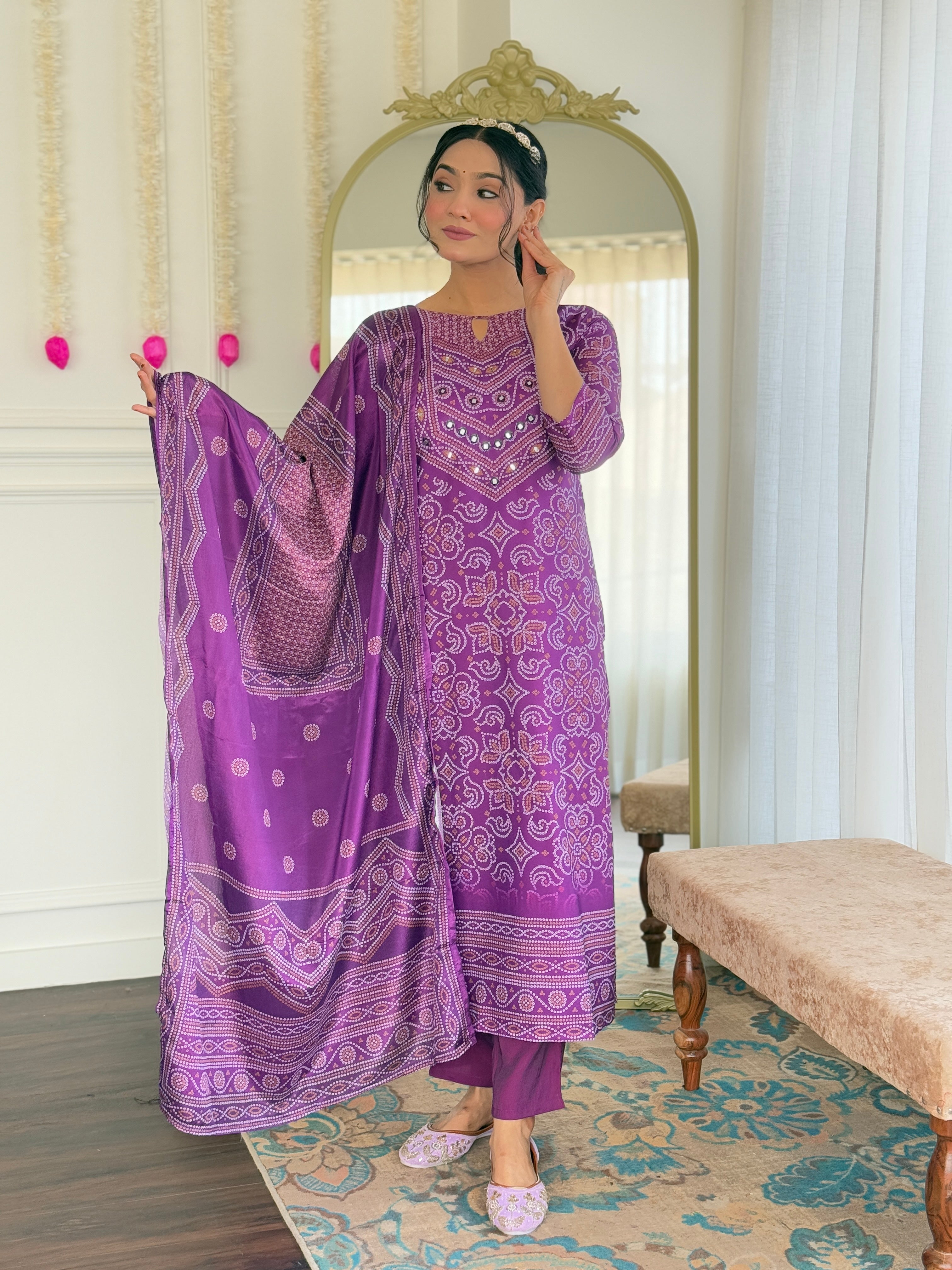 Royal Purple Bandhej Mirror Work Suit Set with Dupatta