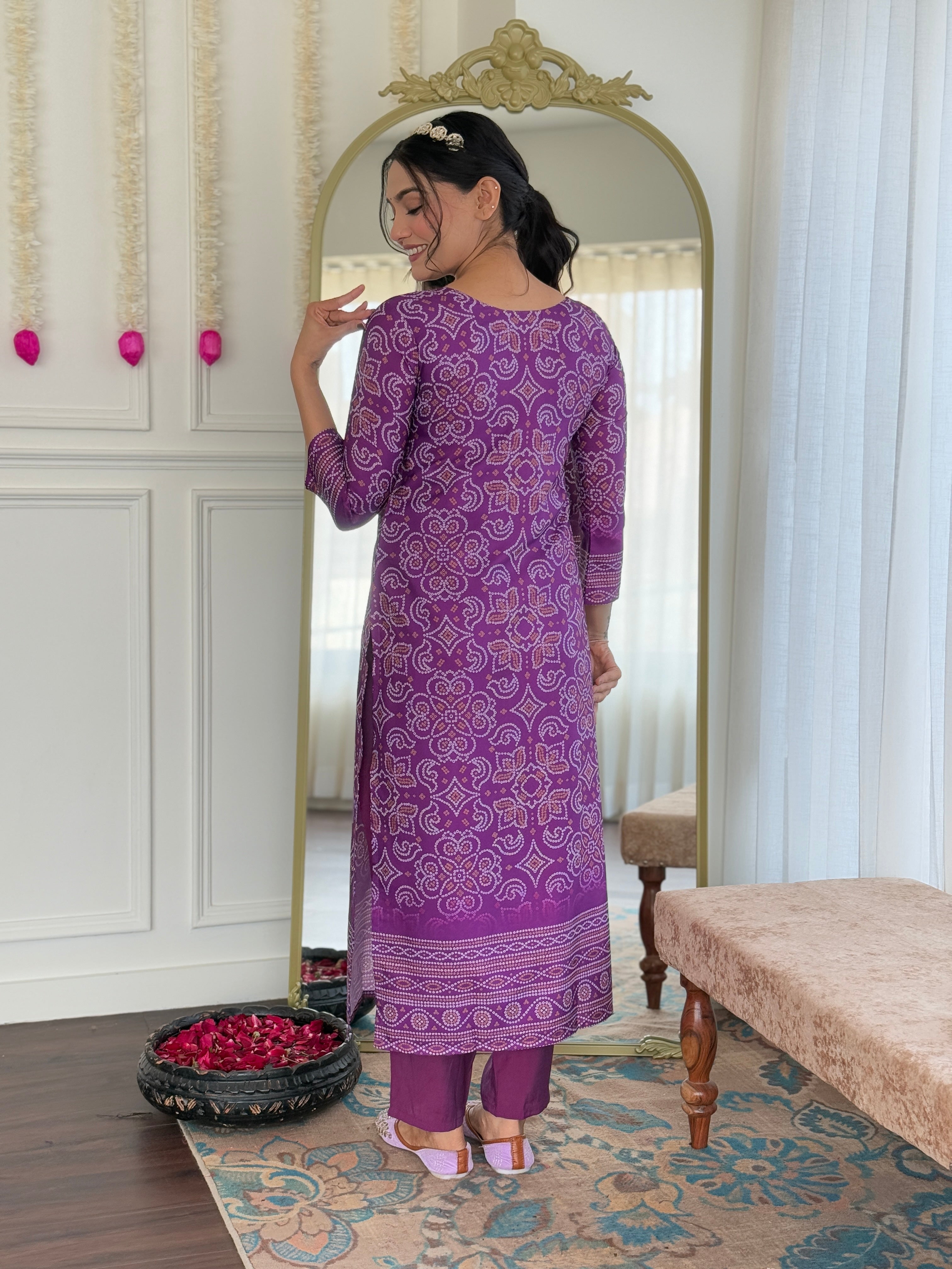 Royal Purple Bandhej Mirror Work Suit Set with Dupatta