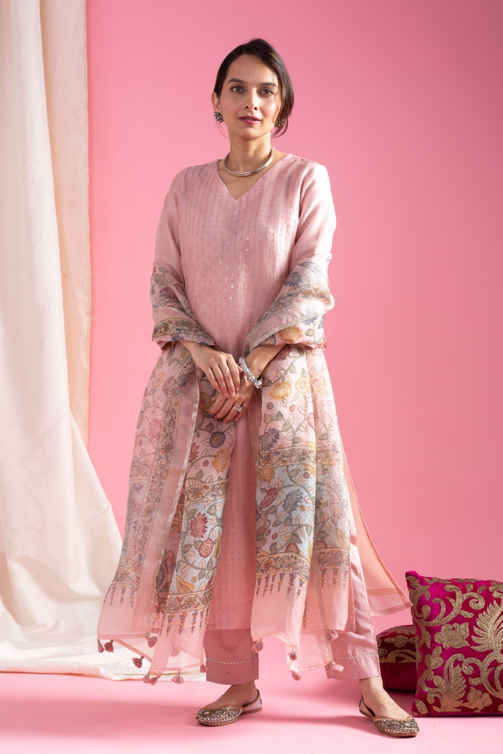 Blush Pink Embroidered Kurta Set with Floral Printed Dupatta