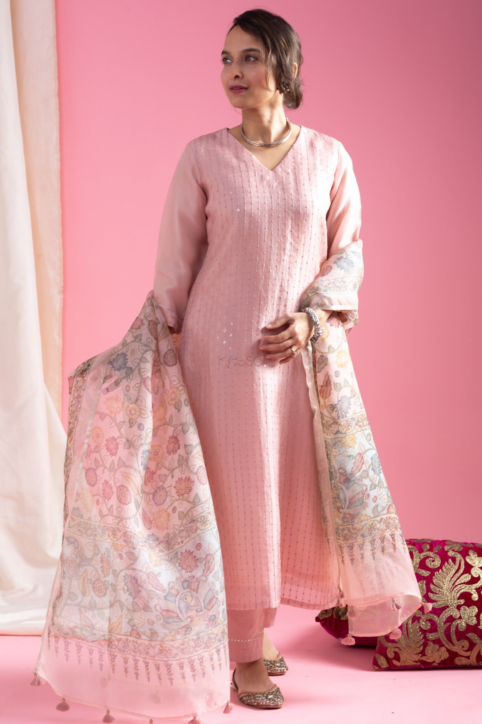 Blush Pink Embroidered Kurta Set with Floral Printed Dupatta