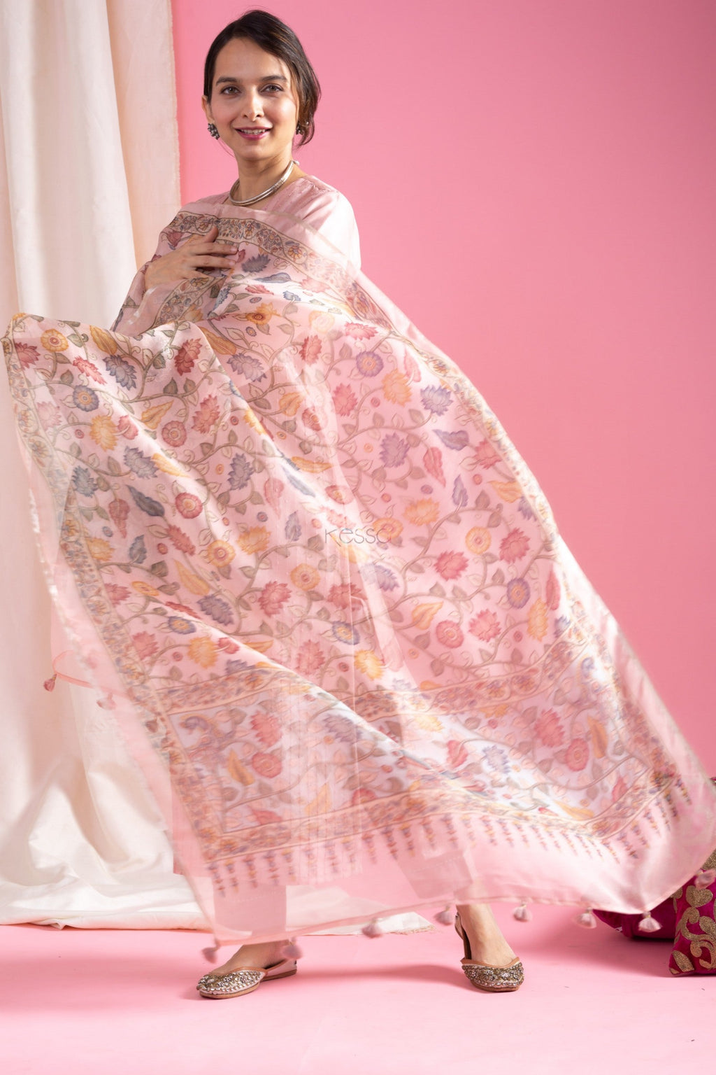 Blush Pink Embroidered Kurta Set with Floral Printed Dupatta