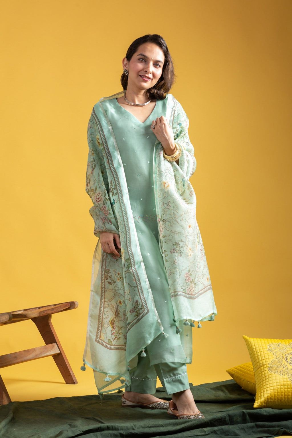 Mint Green Embroidered Kurta Set with Printed Dupatta
