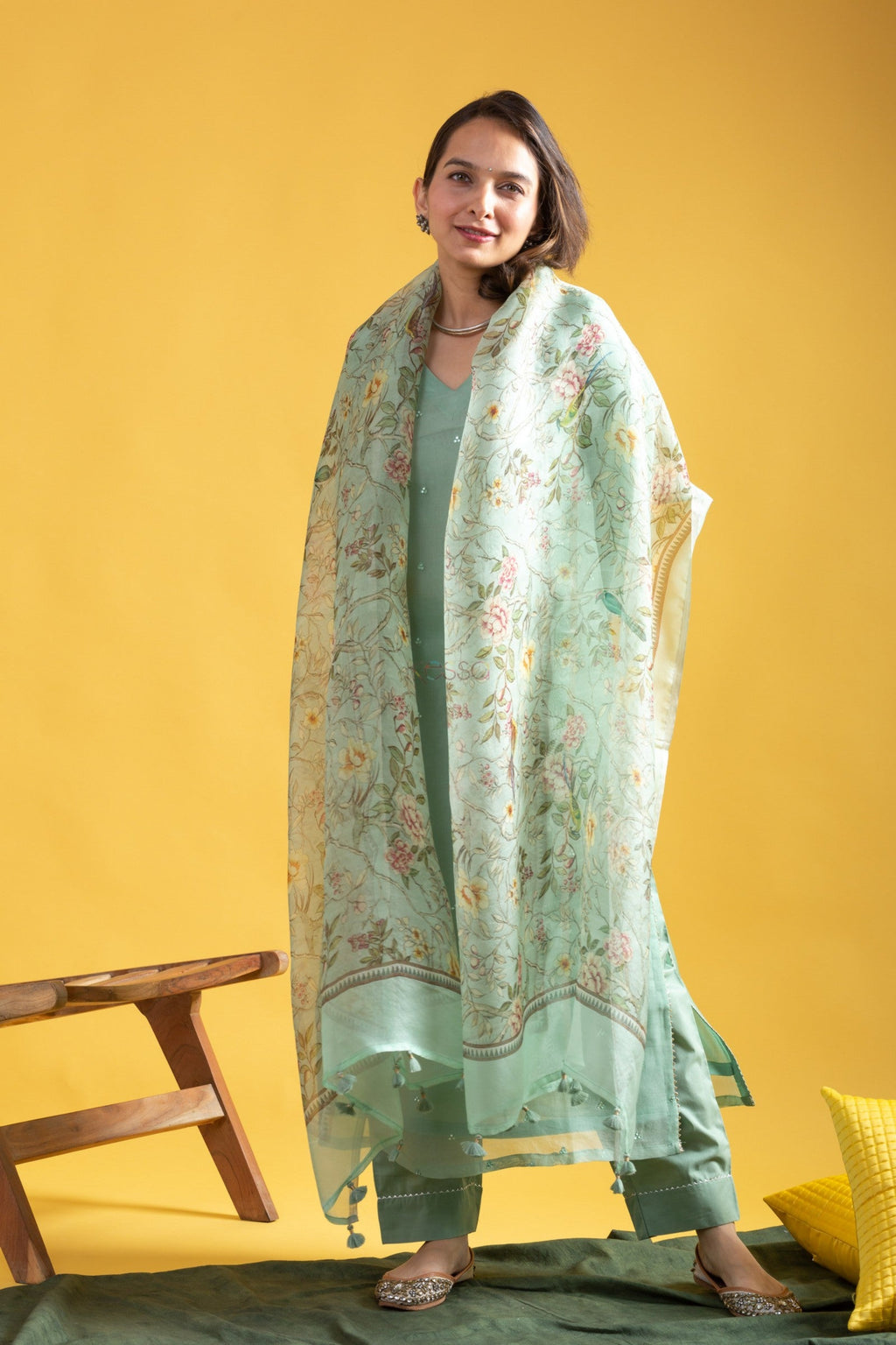 Mint Green Embroidered Kurta Set with Printed Dupatta