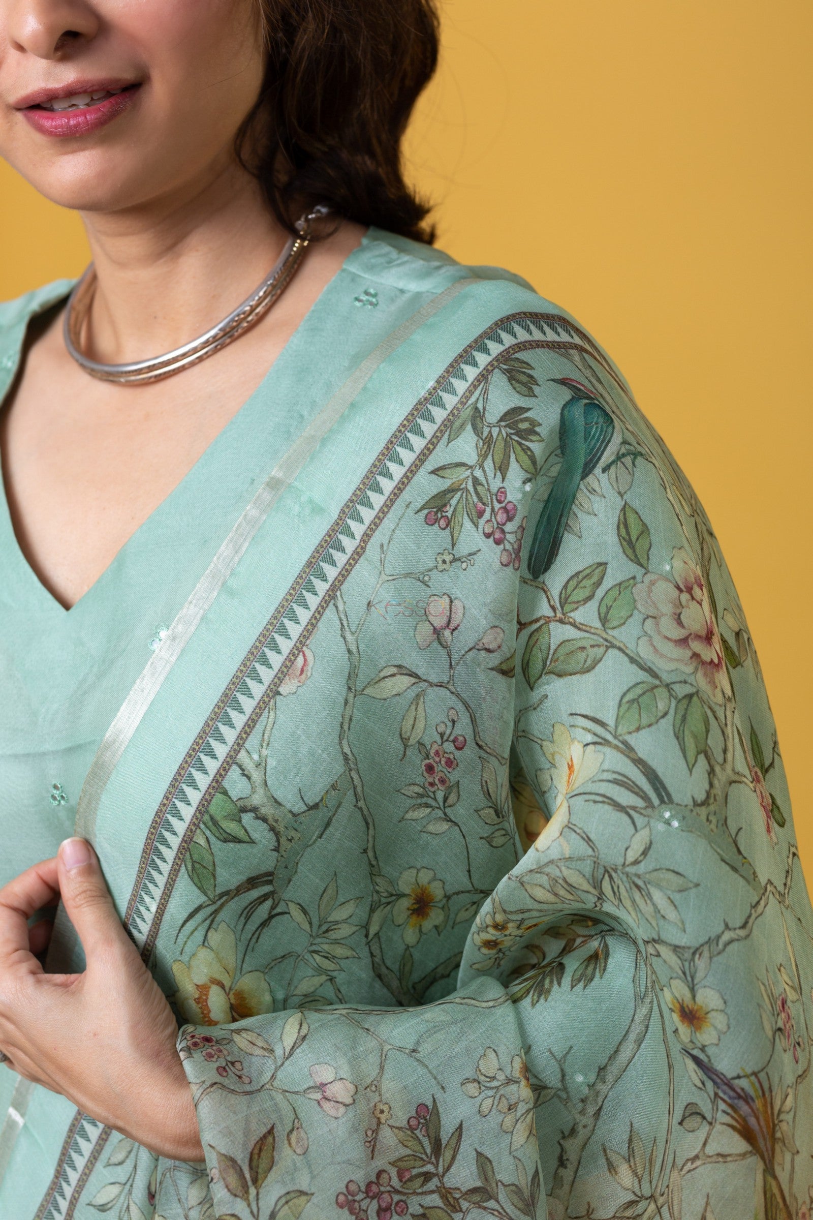 Mint Green Embroidered Kurta Set with Printed Dupatta
