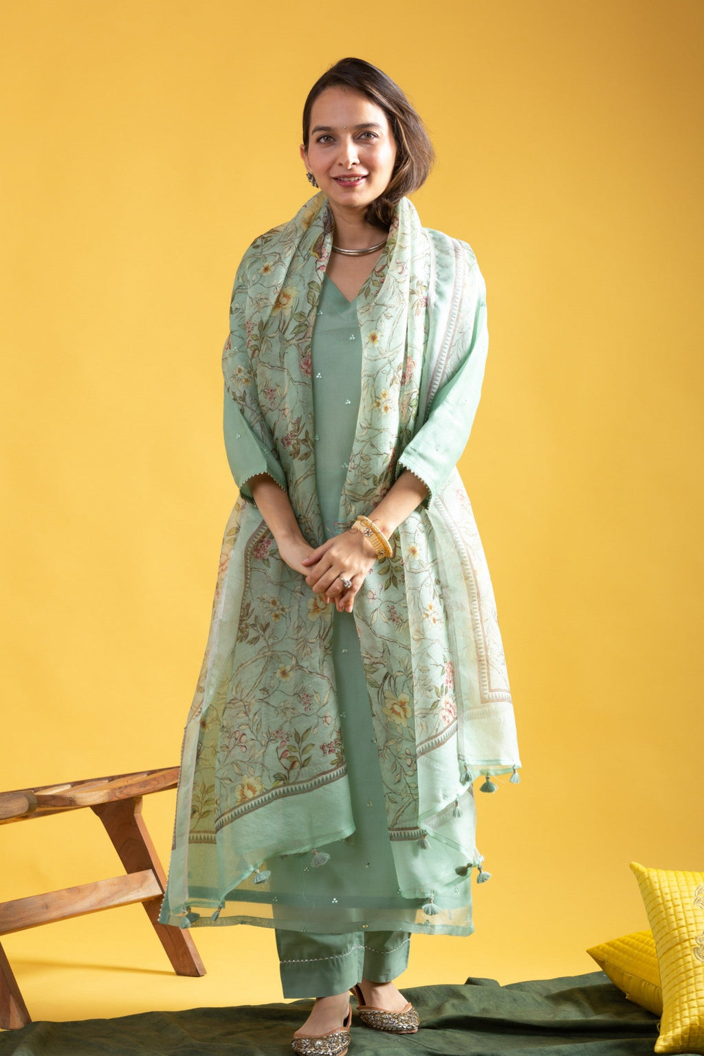 Mint Green Embroidered Kurta Set with Printed Dupatta