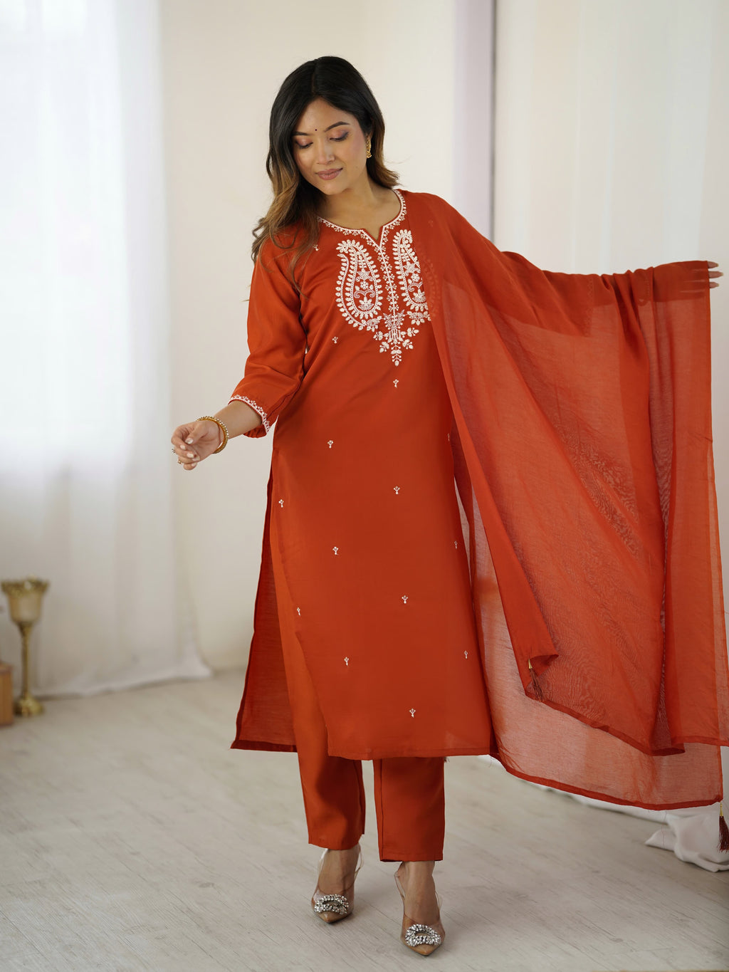 Rust embroidered kurta pant set with dupatta for festive wear