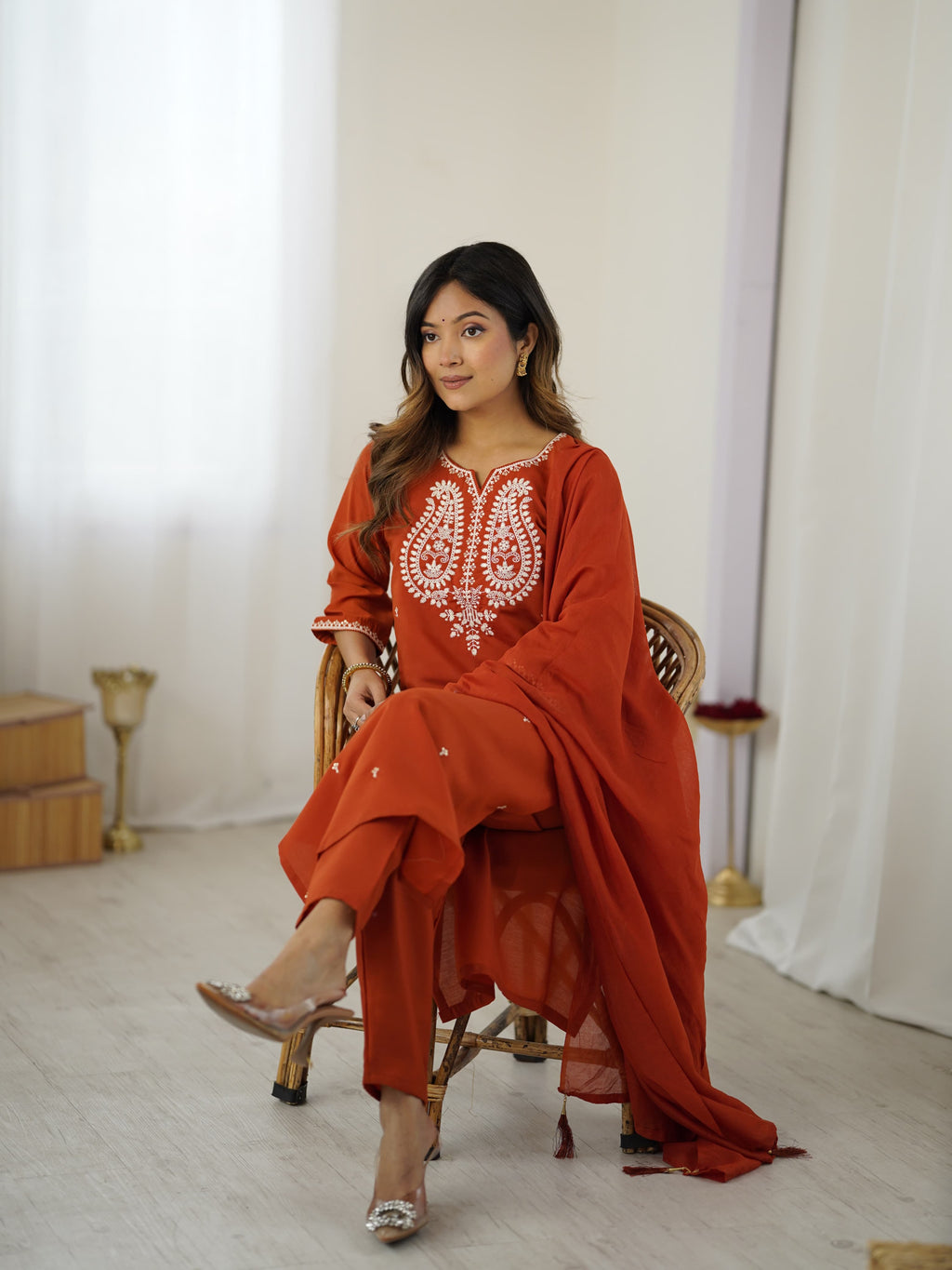 Rust embroidered kurta pant set with dupatta for festive wear
