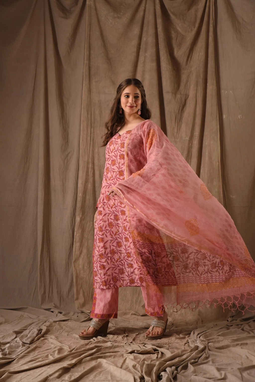 Blush Pink Floral Printed Kurta Set with Dupatta