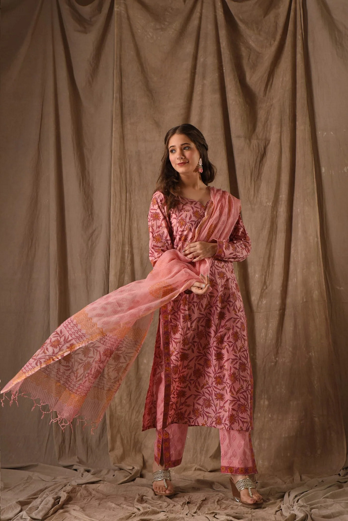 Blush Pink Floral Printed Kurta Set with Dupatta