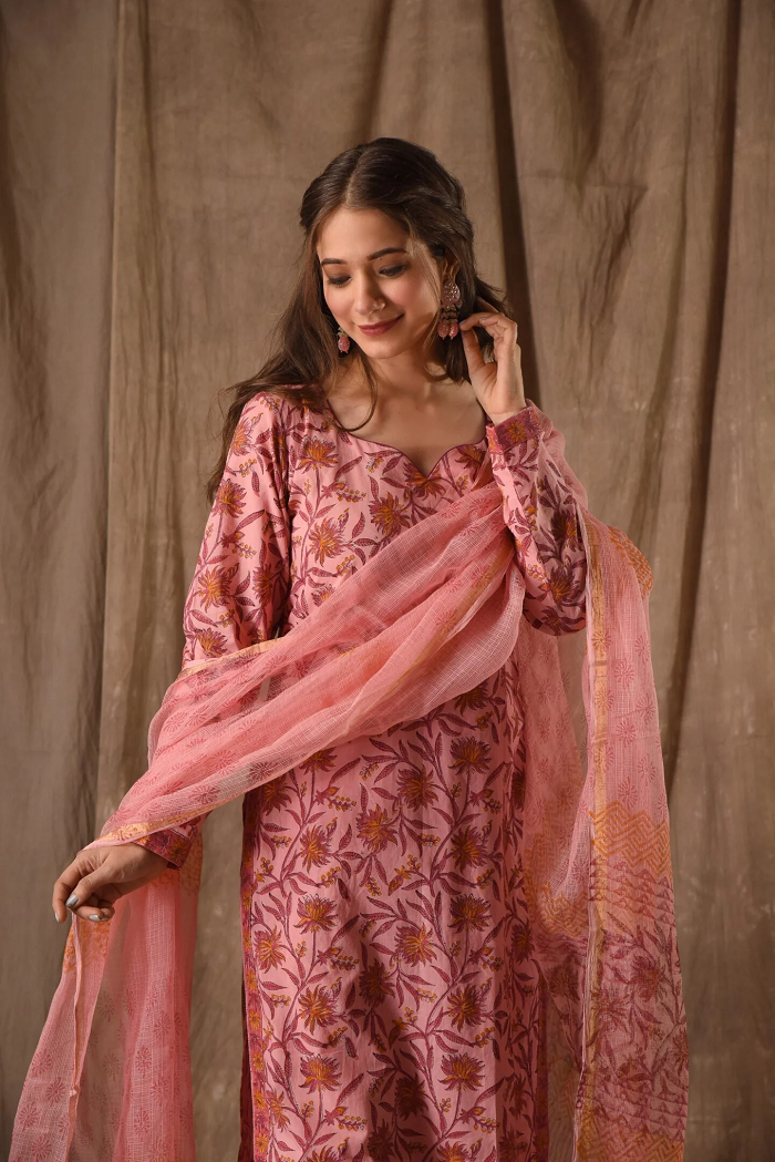 Blush Pink Floral Printed Kurta Set with Dupatta