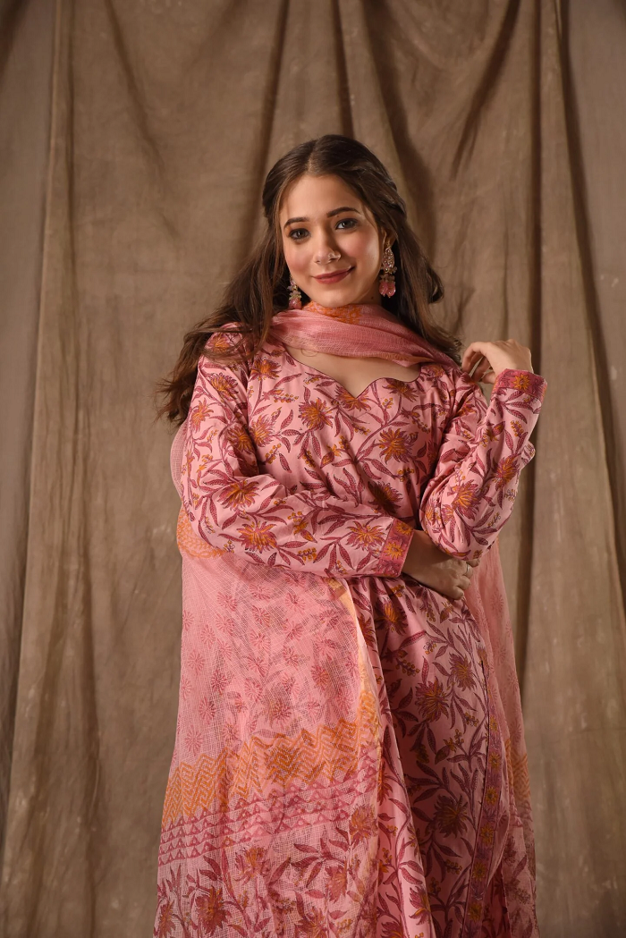 Blush Pink Floral Printed Kurta Set with Dupatta