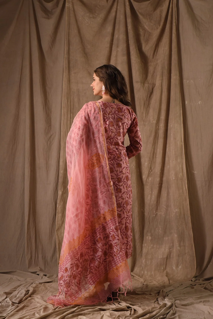 Blush Pink Floral Printed Kurta Set with Dupatta