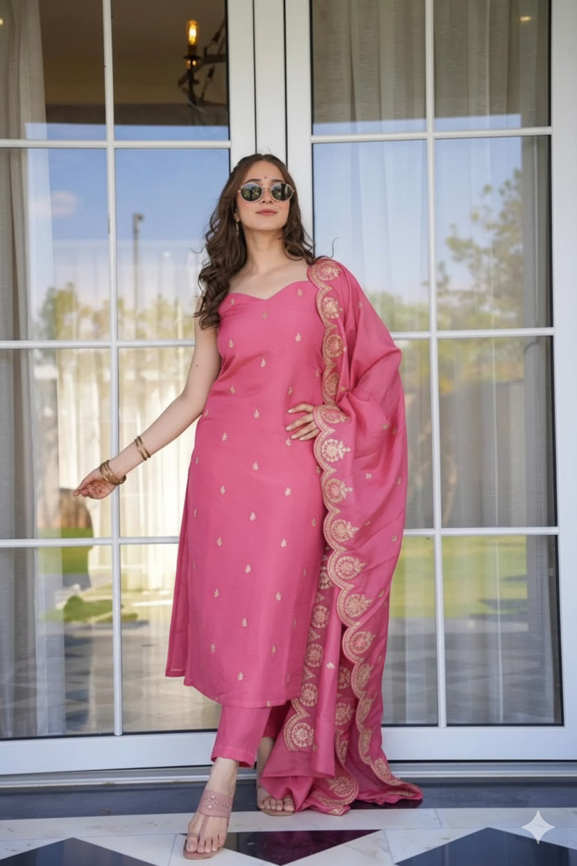 Festive Straight Kurta Set with Embellished Dupatta