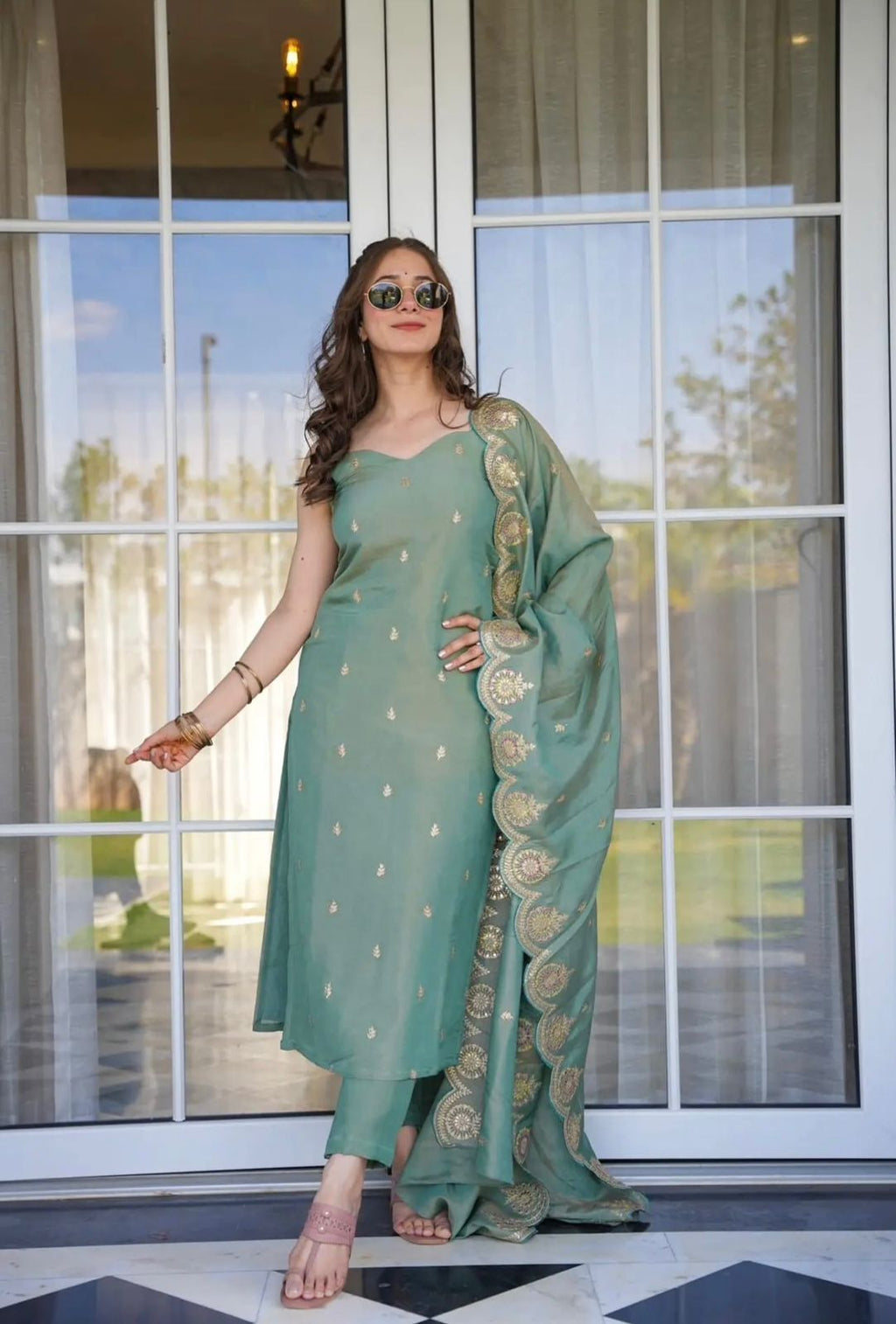 Festive Straight Kurta Set with Embellished Dupatta