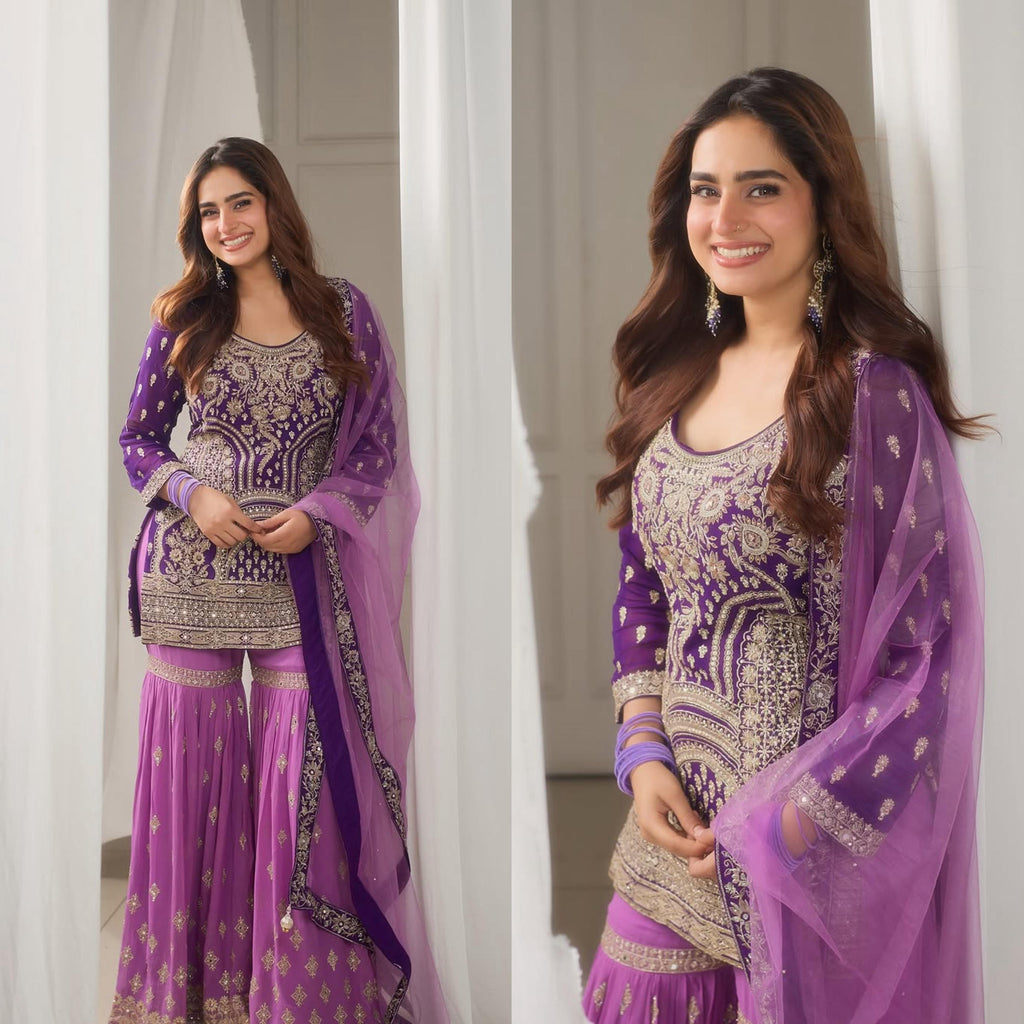 Royal purple embroidered sharara suit with net dupatta