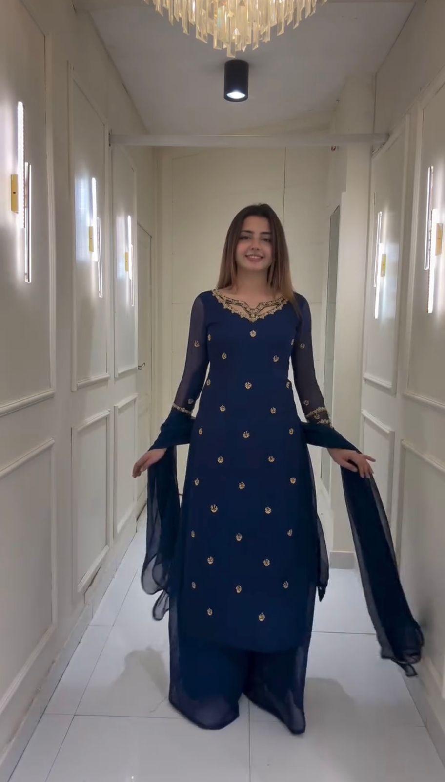 Embroidered Navy Blue Georgette Kurta with Palazzo & Dupatta