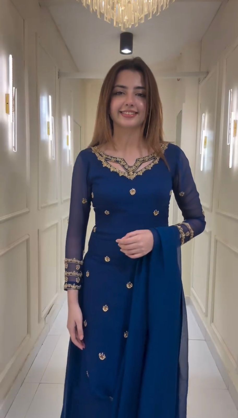 Embroidered Navy Blue Georgette Kurta with Palazzo & Dupatta