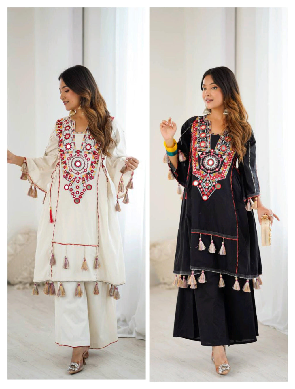 Ivory Cotton Mirror Work Kurta Set with Tassels