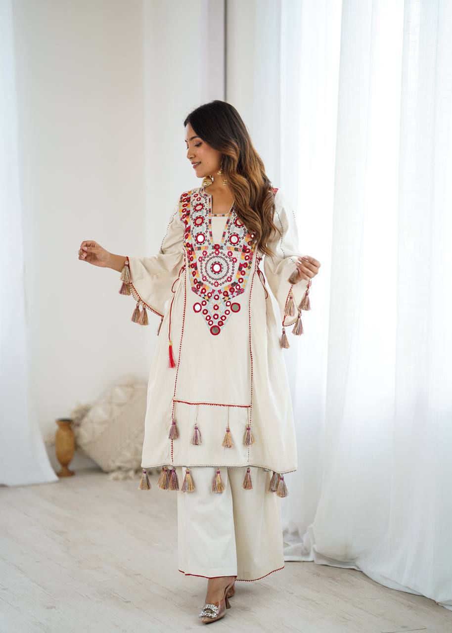 Ivory Cotton Mirror Work Kurta Set with Tassels