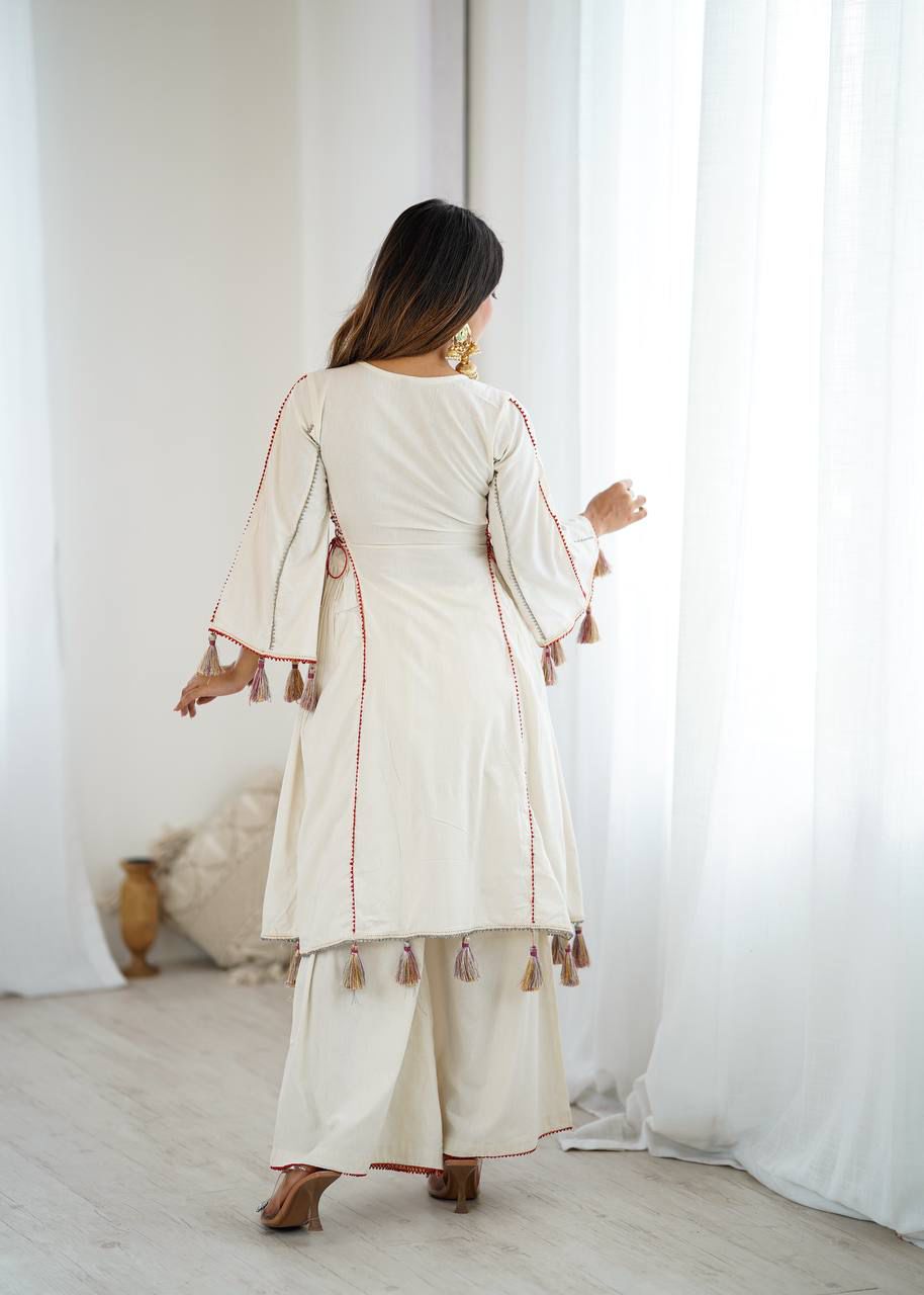 Ivory Cotton Mirror Work Kurta Set with Tassels