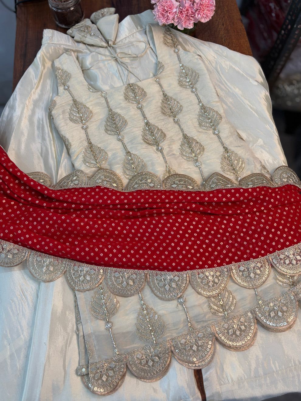 White Soft Chinon Embroidered Work Suit Set with Dupatta