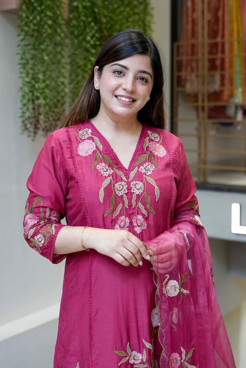 Graceful embroidered ethnic wear in soft pastel with sheer dupatta