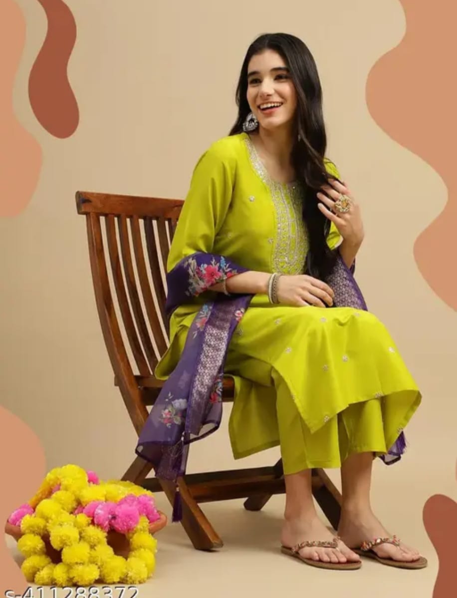 Embroidered Lime Green Kurta Set with Printed Dupatta