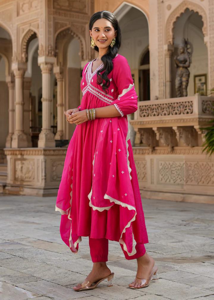 Flared Anarkali Kurta Set with Embroidered Yoke & Dupatta