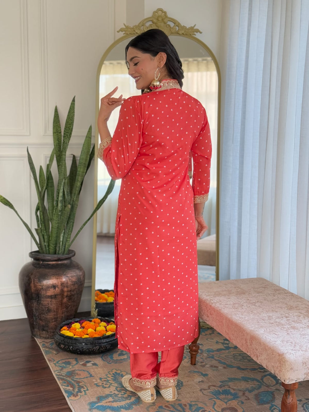 Elegant Polka Dot Kurti Set with Striped Dupatta