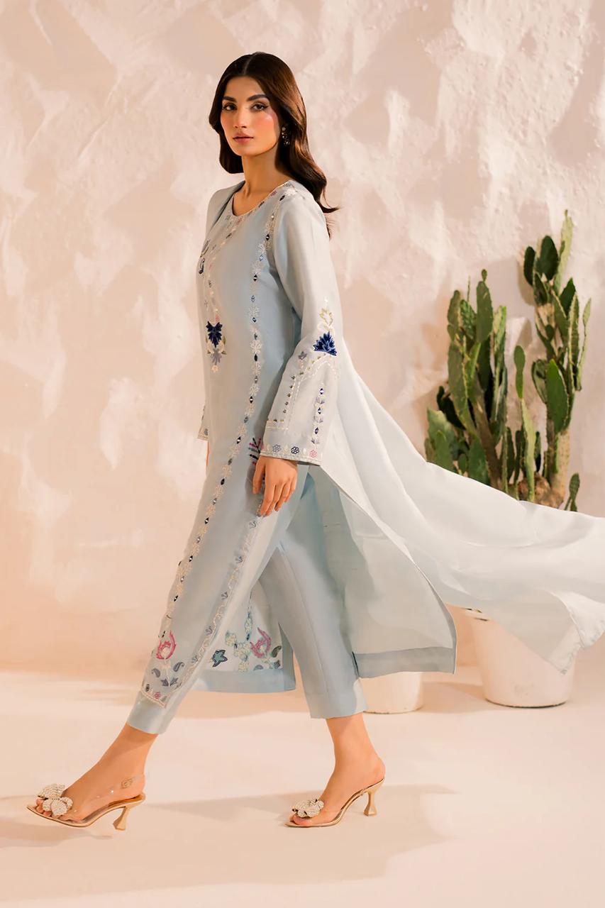 Minimalist blue embroidered suit set with elegant design