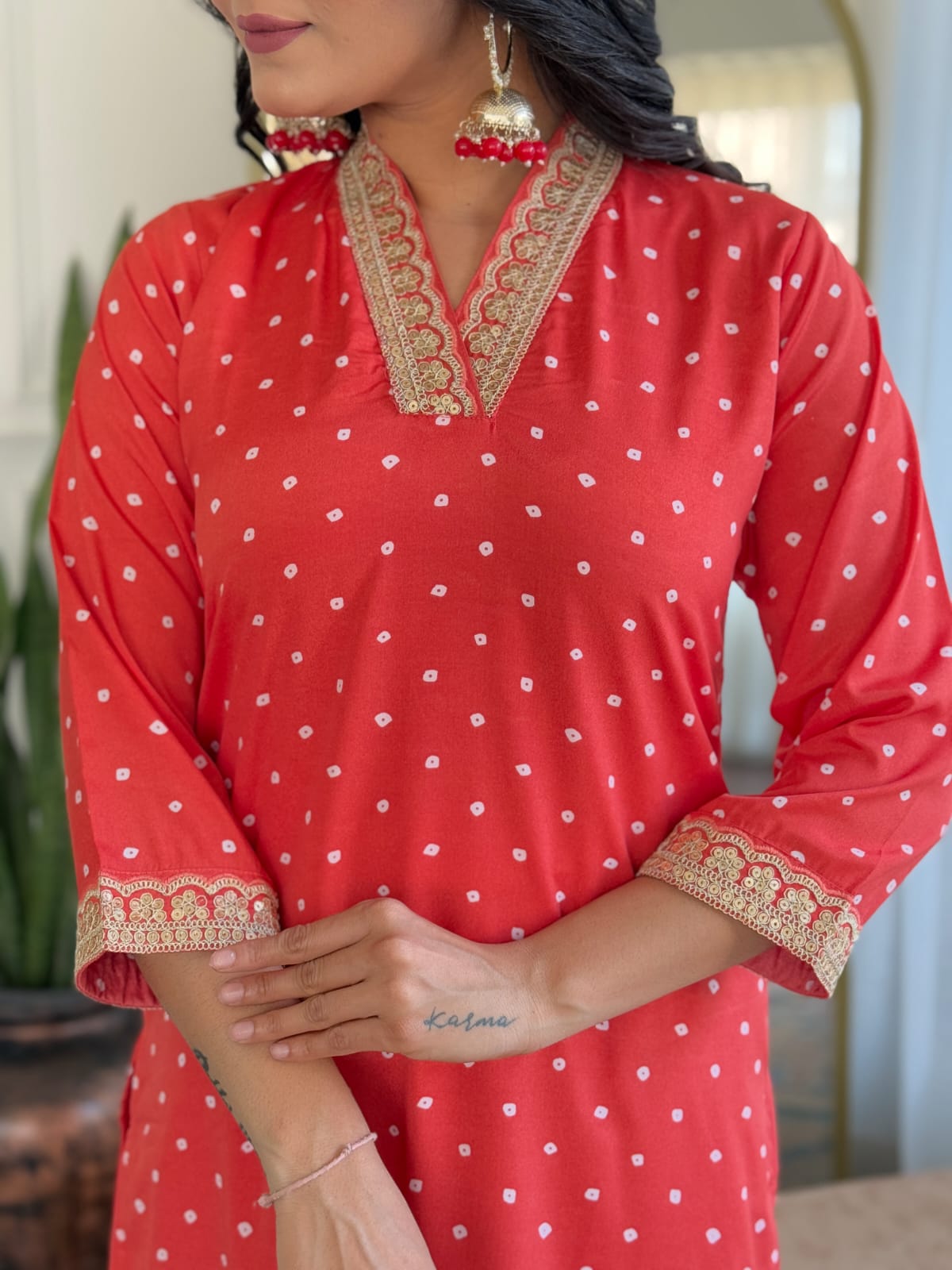 Elegant Polka Dot Kurti Set with Striped Dupatta