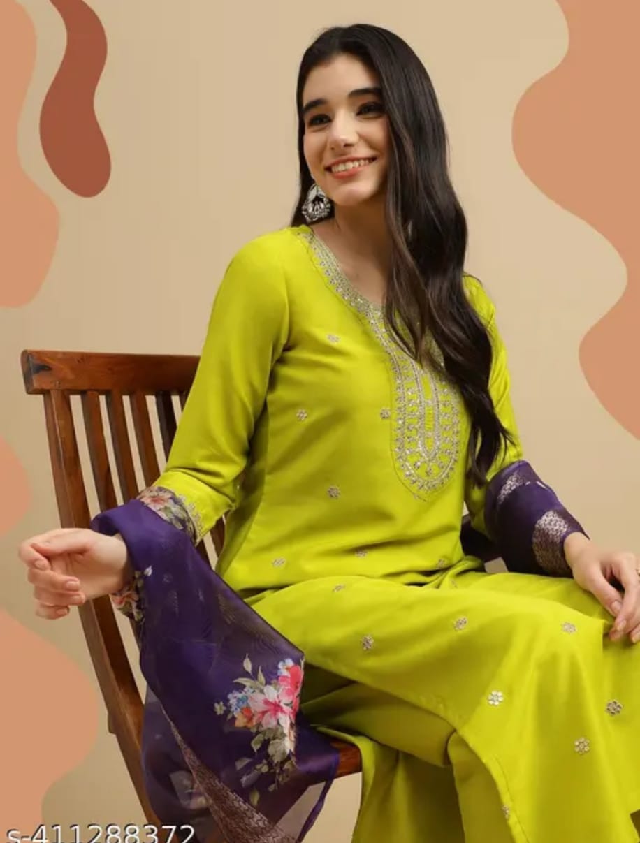 Embroidered Lime Green Kurta Set with Printed Dupatta