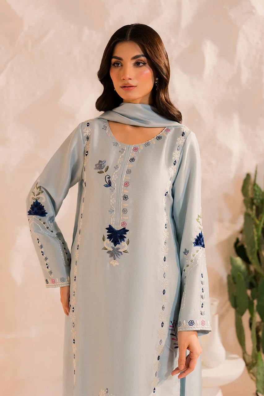 Minimalist blue embroidered suit set with elegant design