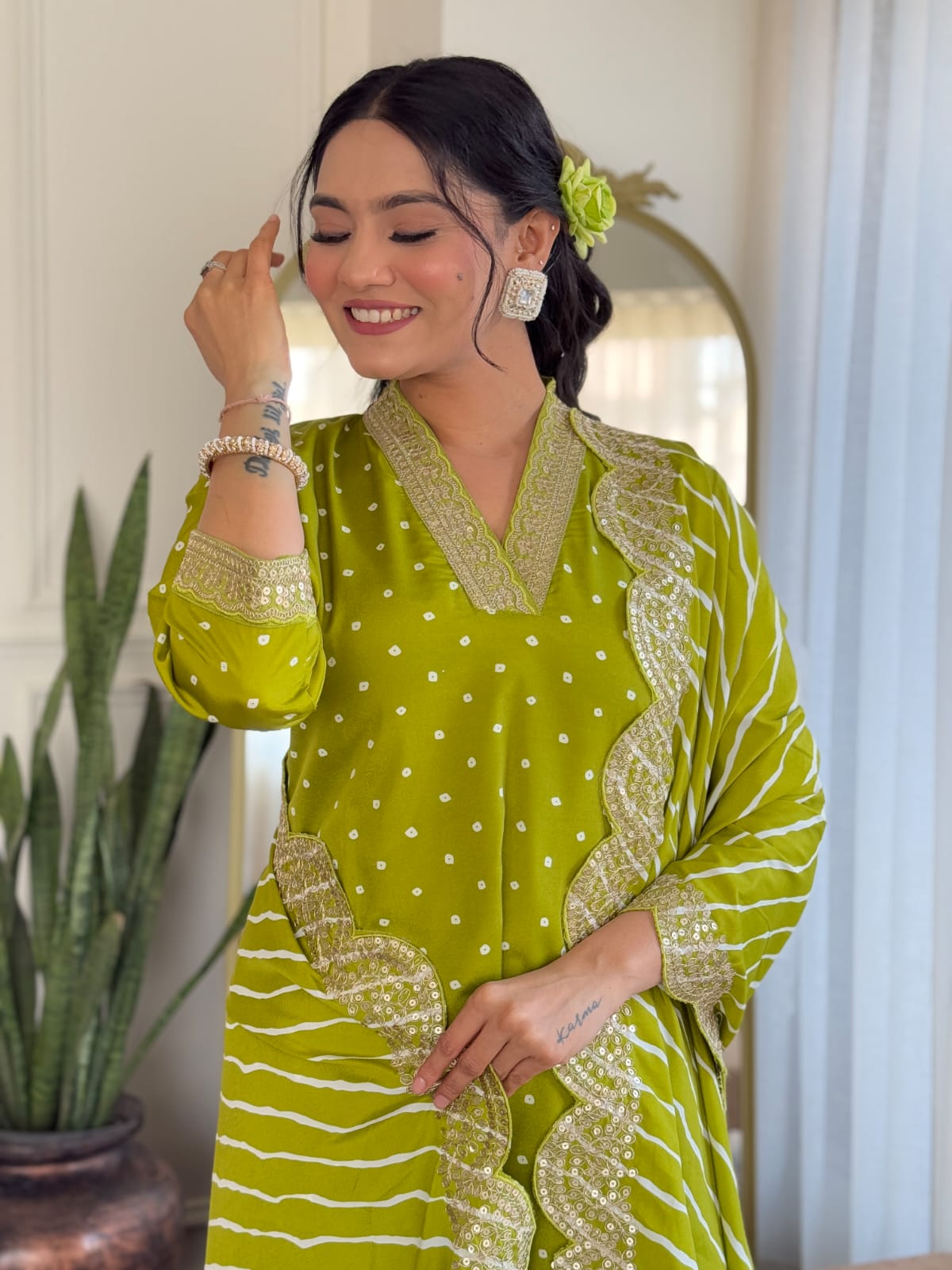 Elegant Polka Dot Kurti Set with Striped Dupatta