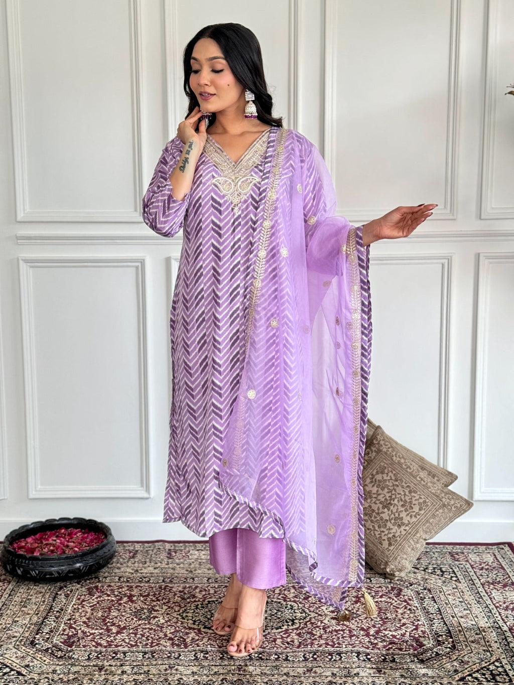 Chevron patterned lavender kurta with silk pants and dupatta