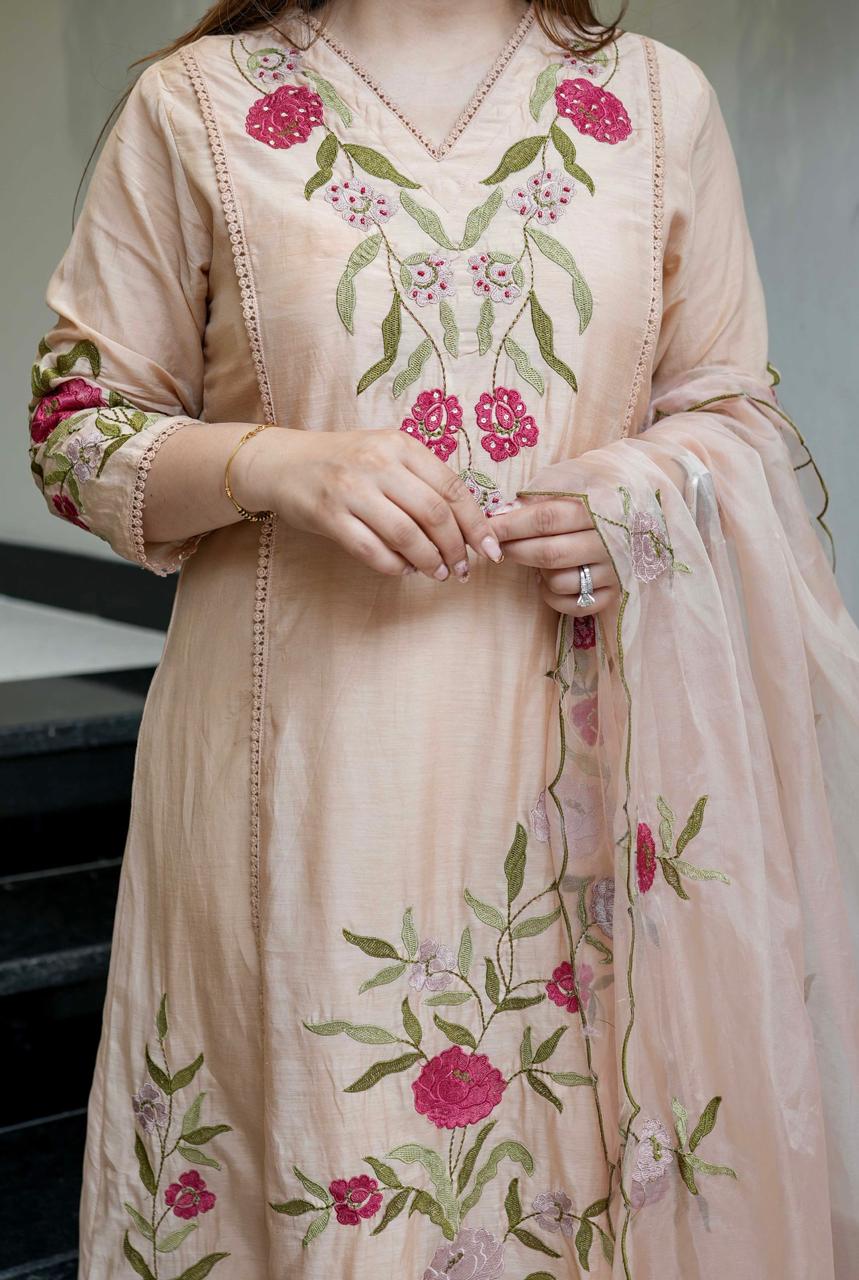 Graceful embroidered ethnic wear in soft pastel with sheer dupatta