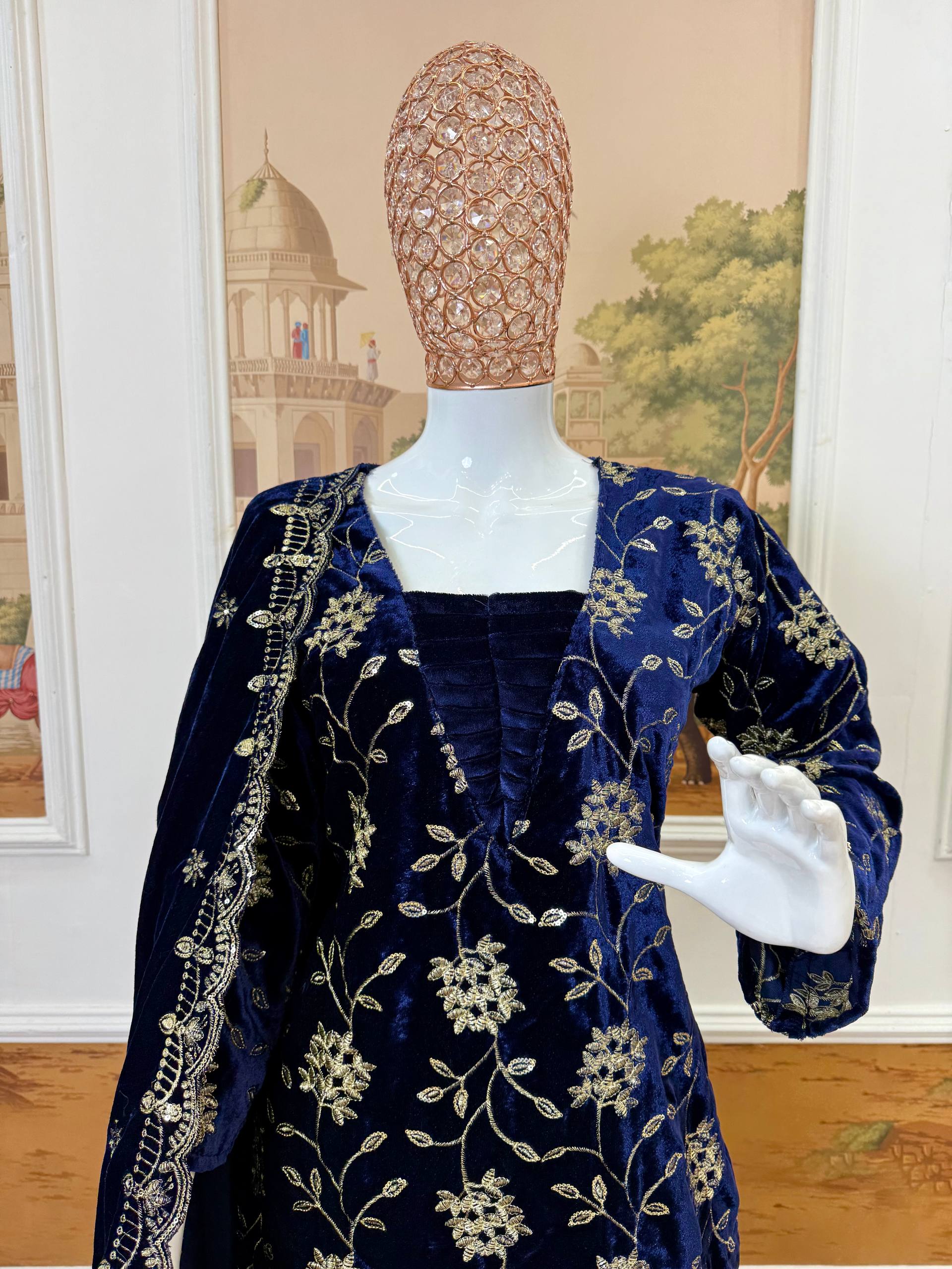 Luxurious Velvet Kurta Set with Gold Embroidery